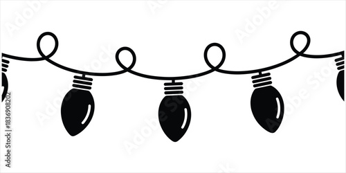 Seamless Black Silhouette of Christmas Lights on a White Background Keywords: Christmas lights, string lights, holiday decoration