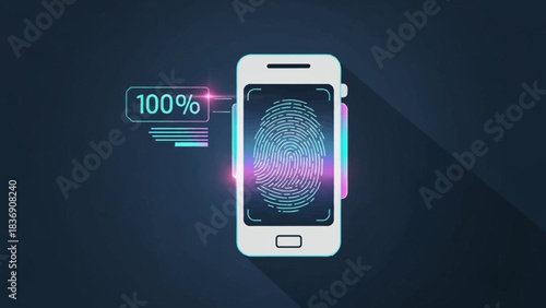 Smartphone with fingerprint scan. Biometric authentication. 100 percent security. Vector illustration on dark background. Mobile phone with glowing effect. Cyber security concept.