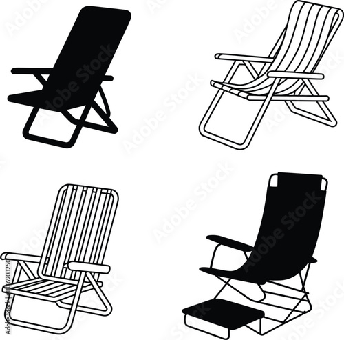 Set of Four Beach Chairs in Black Silhouette and Line Art loungers folding chairs