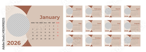 2026 Desk Calendar Template with Photo Space Landscape Format. Week Starts on Monday