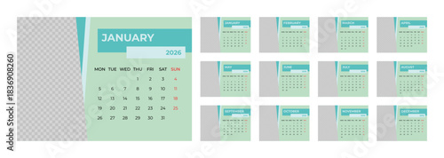 2026 Desk Calendar Template with Photo Space Landscape Format. Week Starts on Monday