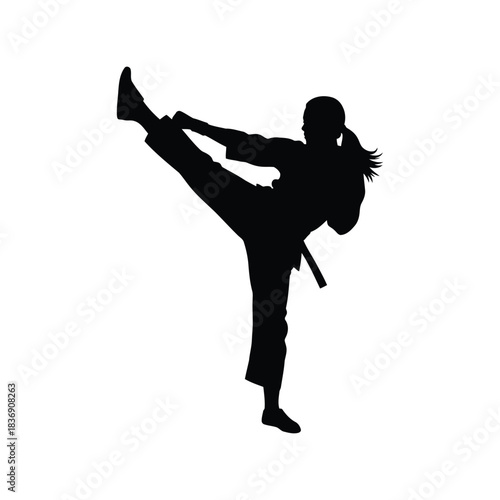 Woman practicing karate side kick silhouette, martial arts, taekwondo, self-defense vector