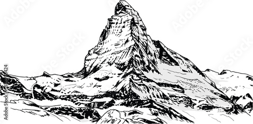 Matterhorn mountain silhouette icon, alpine peak vector, rugged terrain illustration, Swiss Alps landmark design, cad drawing flat vector illustration