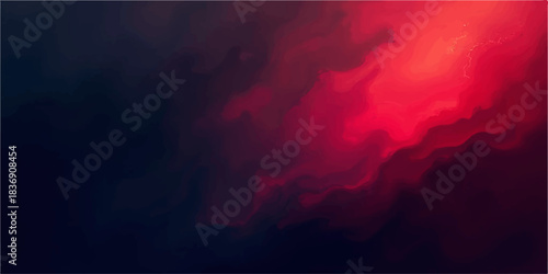 Abstract red background with smoke and rays against a dark sky with clouds