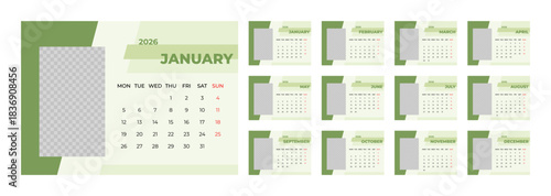 2026 Desk Calendar Template with Photo Space Landscape Format. Week Starts on Monday