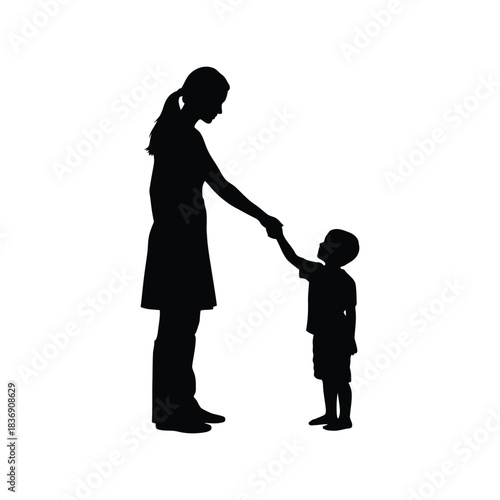 Mother and child holding hands vector silhouette, love, family, parenting, childhood memory graphic