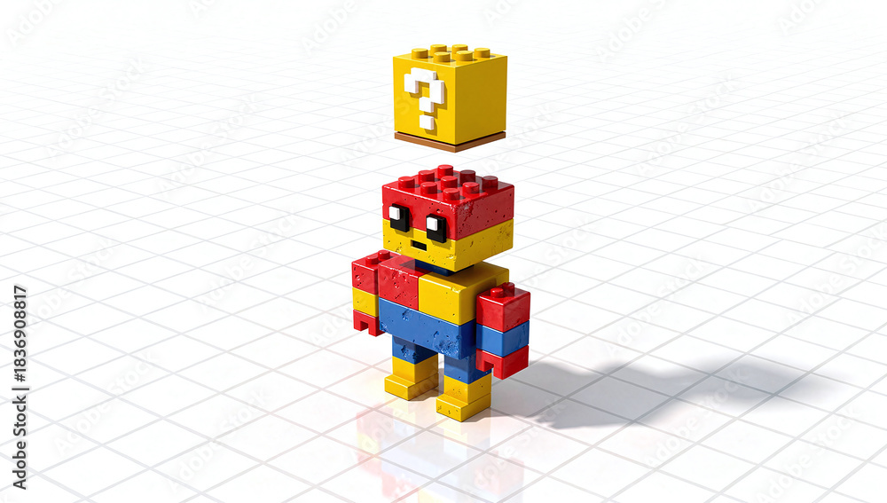 Obraz premium Cute 8-bit Pixel Robot Figurine Made of Building Bricks with Question Mark Block on White Digital Design Grid