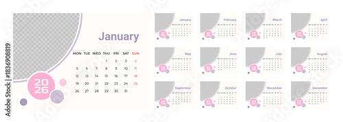 2026 Desk Calendar Template with Photo Space Landscape Format. Week Starts on Monday