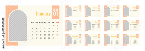2026 Desk Calendar Template with Photo Space Landscape Format. Week Starts on Monday