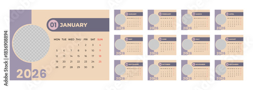2026 Desk Calendar Template with Photo Space Landscape Format. Week Starts on Monday