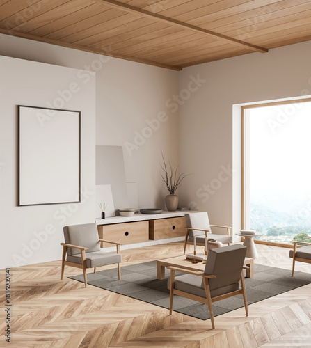 Minimalist modern interior with wooden furniture, soft neutral tones, and large window with mountain view in calm natural background. 3D Rendering
