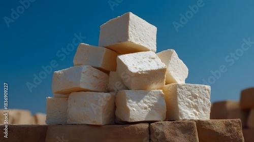 A stack of white food cubes sits outdoors against a clear blue sky © Thares2020