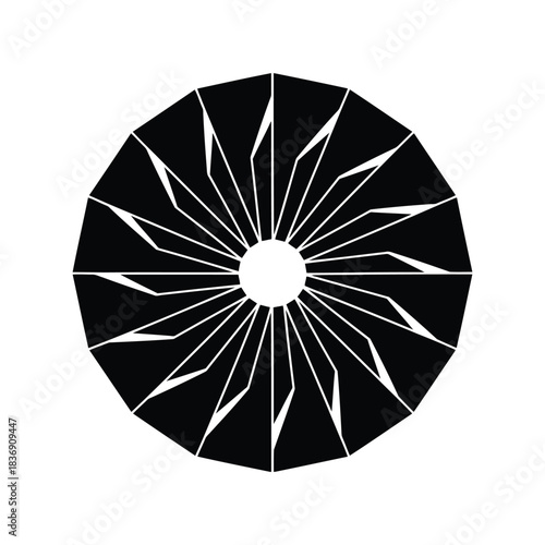 Abstract radial geometric shape icon, dynamic turbine or sunburst design element, rotating vector symbol