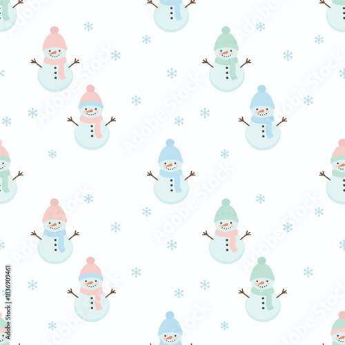 Seamless pastel snowman pattern with scarves and hats