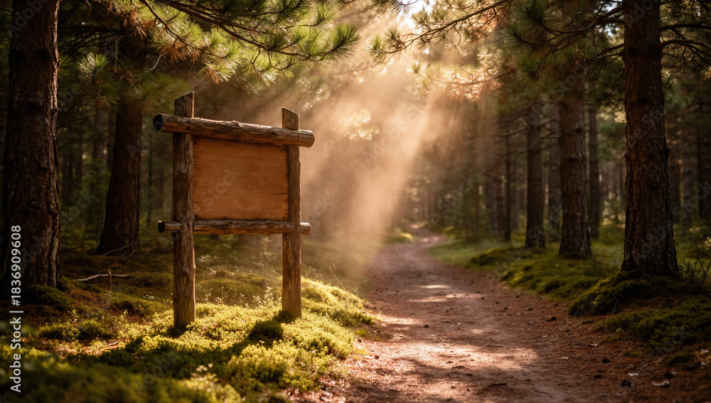 Fototapeta premium Rustic Wooden Blank Signboard Mockup on Forest Hiking Trail with Dramatic Sunbeams, Moss, and Misty Atmosphere