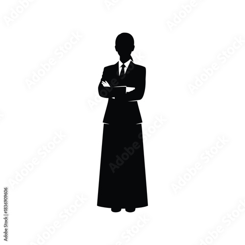 Professional businesswoman silhouette in suit and long skirt with folded arms, corporate portrait