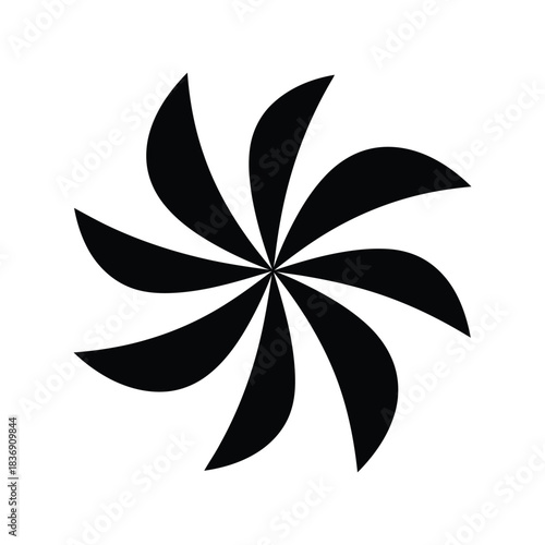 Abstract pinwheel vector design, spiral flow motion symbol, isolated black geometric vortex graphic element EPS