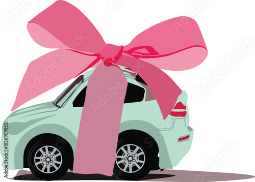 Car gift, concept car toy. Cute and adorable pastel-colored car with pink ribbon..eps