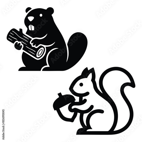 Beaver and Squirrel Wildlife Icons: Forest Animals, Rodents, and Nature Symbols