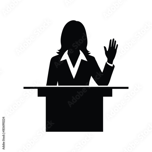 Woman speaker at podium vector silhouette, female business leader, public presentation and conference icon, isolated black graphic EPS