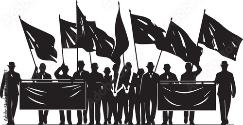 Silhouette of a protest march with flags and banners