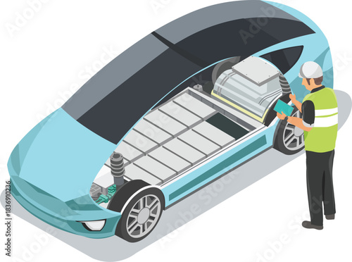 Electric Car Research and Development Manufacturing Engineer R and D team production ev car Motor and lithium battery li ion pack isometric Isolated vector illustration.eps