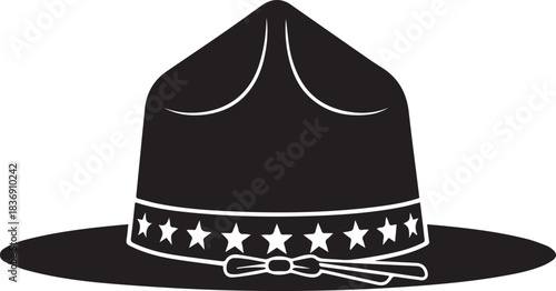 Black silhouette of a campaign hat with stars and ribbon