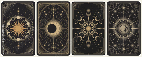 Set of four tarot-style cards with ornate golden celestial designs, featuring suns, moons, stars, and eclipse motifs on black backgrounds