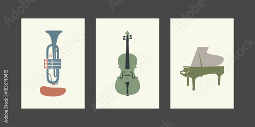 Abstract Music Instrument Poster Trumpet, Cello and Grand Piano