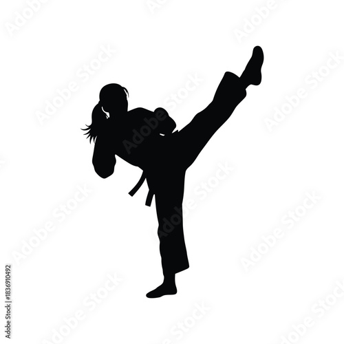 Female martial artist high kick vector silhouette, karate or taekwondo sport action, self-defense isolated black graphic EPS