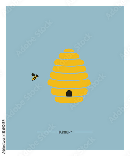 Minimalist Beehive and Bee with Harmony Concept Illustration