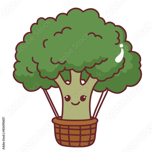 Cute broccoli character hot air balloon graphic element in a wicker basket