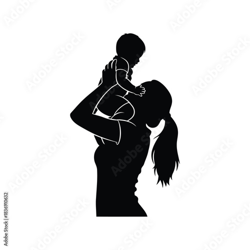 Mother holding baby vector silhouette, loving parent, family bond and newborn care icon, isolated black graphic illustration EPS