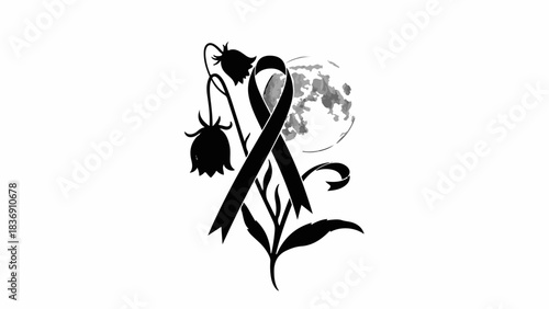 Solemn black ribbon on a delicate flower against a moonlit sky, symbolizing remembrance and loss.