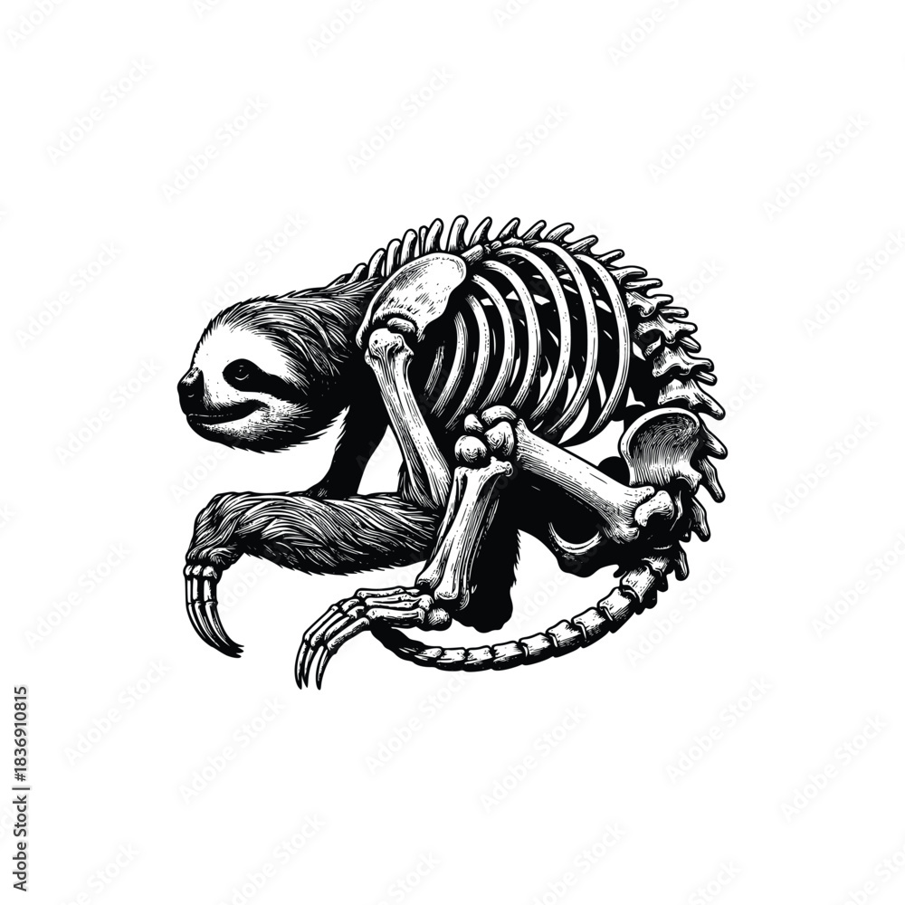 Naklejka premium hand drawn skeleton of sloth black and white vector sketch illustration
