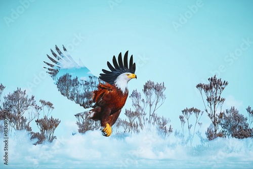 Fantasy eagle emerging in snowy landscape