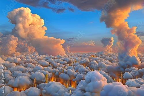 Golden sunset clouds over glowing cityscape