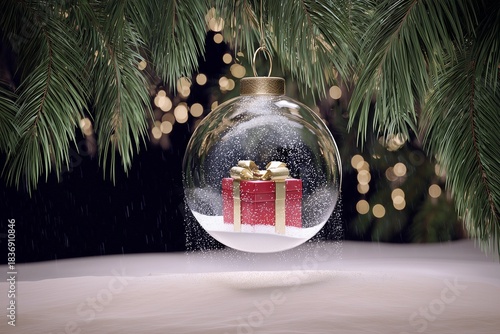 Christmas glass ornament with gift inside