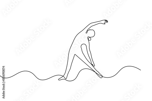 Continuous line art of person performing side bend stretch pose