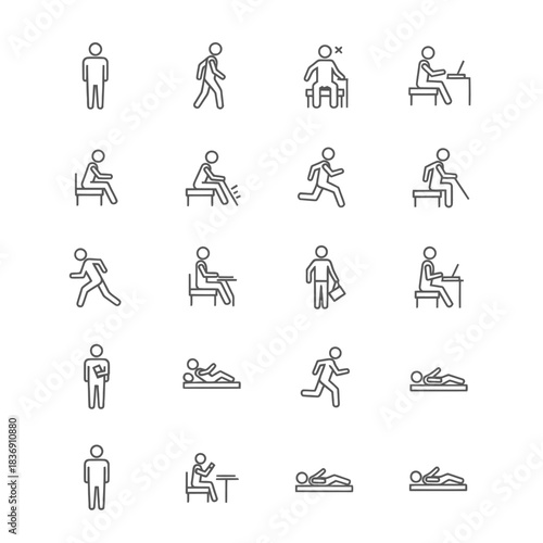 Diverse stick figure icons illustrating various human activities and poses, depicting daily life situations from work and rest to movement, presented in a clean line art vector style