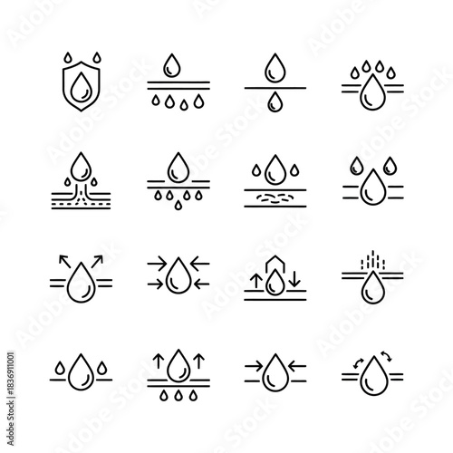 Outline vector icon set demonstrating water resistance, liquid protection, droplet absorption, and repellent properties for product features, textile coatings, and material applications