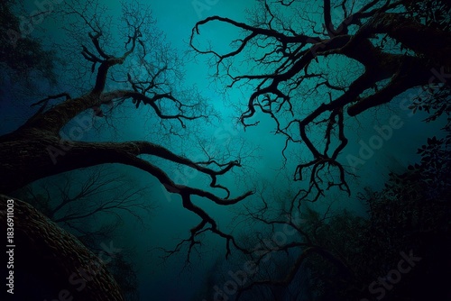 Dark forest with twisted branches at night