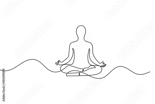 Continuous line drawing of a person meditating, peace and yoga.