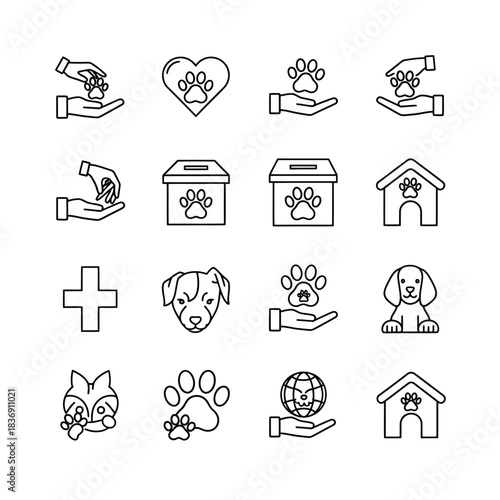 Comprehensive Line Icon Set for Animal Welfare and Pet Care, Featuring Symbols for Veterinary Support, Rescue, Donations, and Responsible Pet Ownership