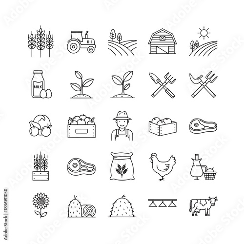 Comprehensive set of modern outline icons illustrating key elements of agriculture, farming, food production, and rural life, ideal for various design projects