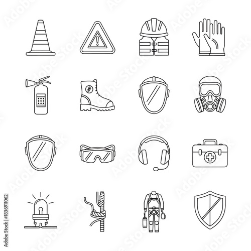 Collection of essential outline icons representing personal protective equipment and safety gear for industrial, construction, and workplace hazard prevention