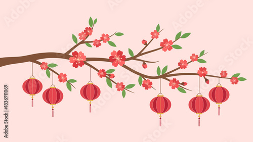 Graceful spring festival illustration with a blooming tree branch, vibrant red flowers, and decorative hanging Chinese lanterns, symbolizing celebration and good fortune