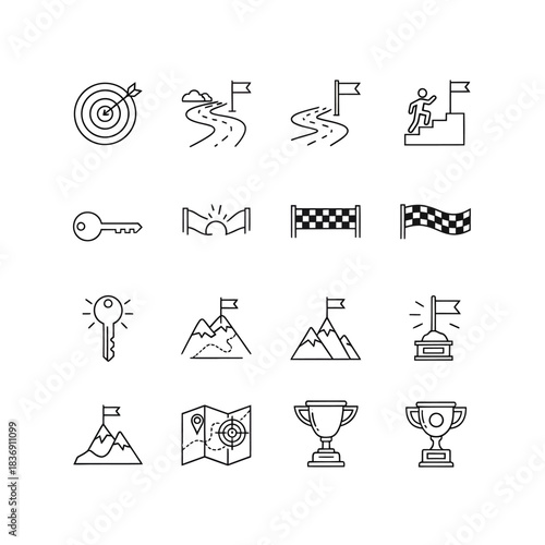 Vector outline icons illustrating business strategy, goal achievement, and the journey to success. Perfect for representing ambition, planning, progress, and reaching milestones