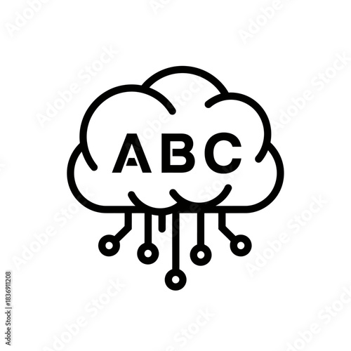 Modern vector icon depicting cloud technology with 'ABC' for digital learning, information storage, and network infrastructure development, fostering educational innovation