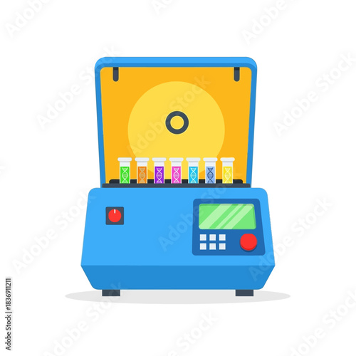 Blue laboratory centrifuge with an open lid, showing a rotor and colorful test tubes inside. Flat vector illustration of scientific equipment.